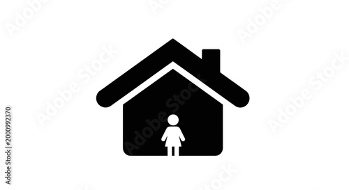 Minimalist black icon of a girl standing inside a house silhouette.