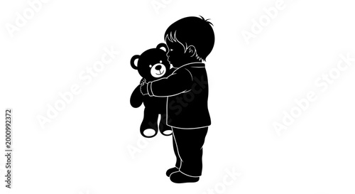 Black silhouette of a young child hugging a teddy bear.