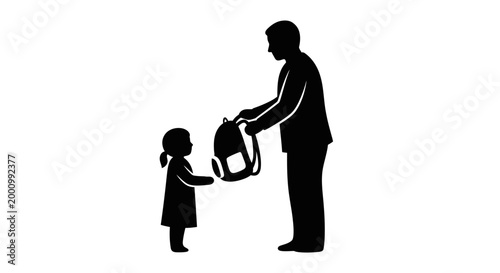 Silhouette of a father helping his daughter with a school backpack.