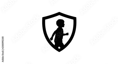 Black silhouette icon of a child inside a protective shield symbol.