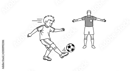 A young soccer player kicking a ball while a referee stands nearby.