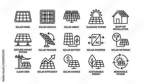 Solar energy icons and labels arranged in grid layout