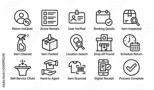 Return and item processing icons in grid on white background