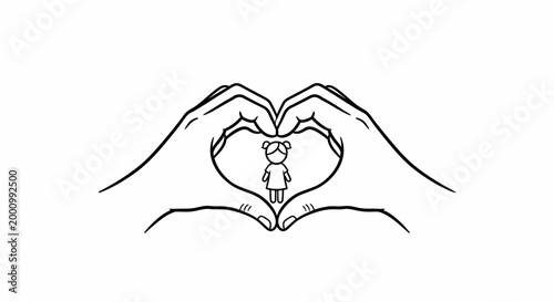 Line art illustration of hands forming a heart shape protecting a small girl.