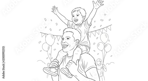 Father carrying his happy son on shoulders coloring page illustration.