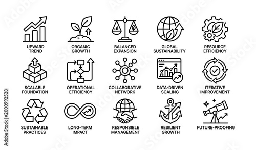 Sustainability and growth icons arranged in grid on white background