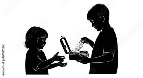 Black and white silhouette of two children sharing food from a lunchbox.