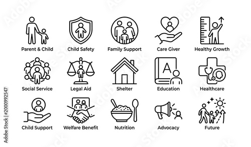 Social service icons showing child welfare and support concepts
