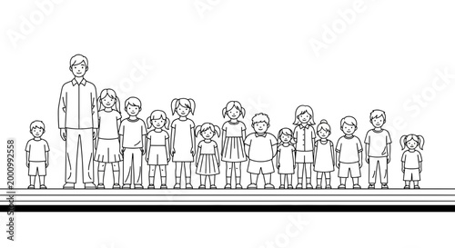 Black and white line art illustration of a large group of diverse children standing in a row.