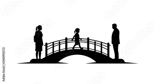 Silhouette illustration of a family on a small bridge.