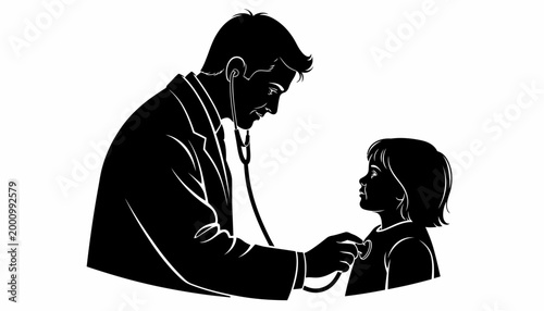 Silhouette illustration of a doctor examining a child with a stethoscope.