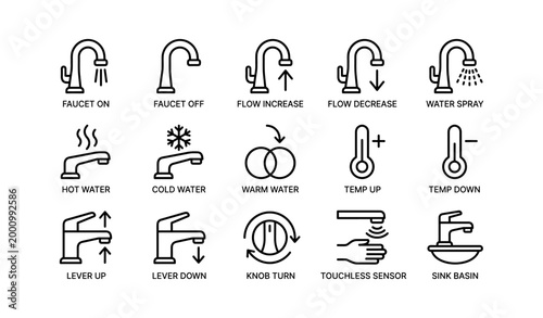 Faucet and water control icons arranged in grid on white background