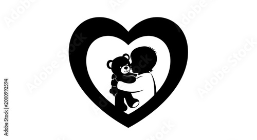 Black and white silhouette illustration of a child hugging a teddy bear inside a heart shape.