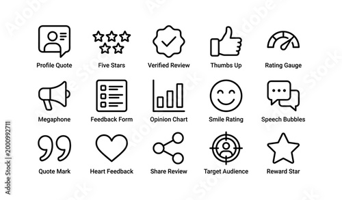 Feedback and review icons showing ratings and communication on white