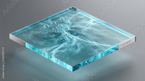 Transparent square panel with swirling blue water and air bubbles, showcasing fluid dynamics and light reflections on a smooth gray background