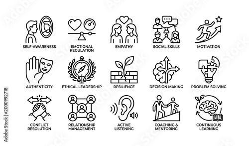 Emotional intelligence icons showing social leadership skills on white