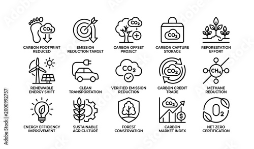 Carbon and climate icons showing emission reduction and offset efforts