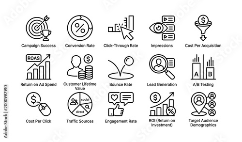 Marketing metrics icons showing campaign performance on white
