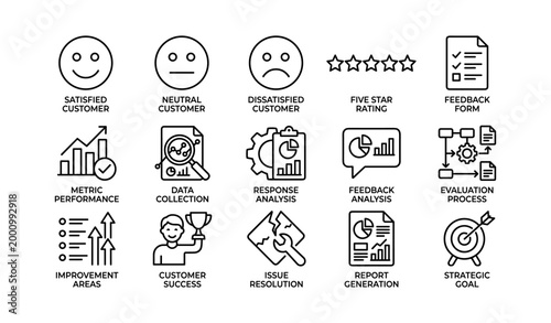 Customer feedback icons showing satisfaction metrics on white