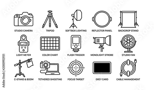Studio equipment icons with labels on a white background
