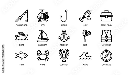 Fishing and boating icons showing gear fish and navigation symbols