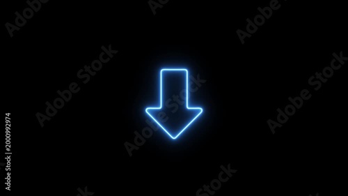 Animated neon arrow pointing down on black background.Abstract glowing down arrow icon animation