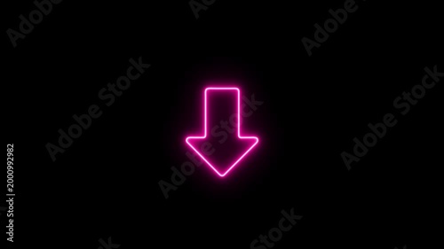 Animated neon arrow pointing down on black background.Abstract glowing down arrow icon animation