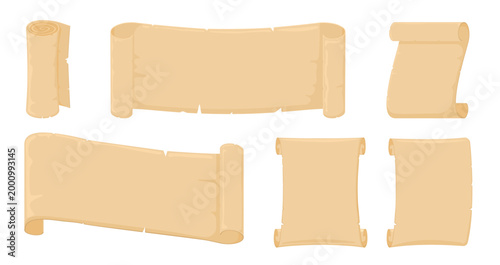 Collection of beige parchment scrolls in various sizes, rolled and unfurled, on a white background. Set of vector illustrations