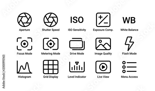 Photography mode and settings icons displayed in grid on white background