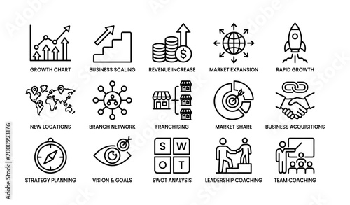 Business growth and expansion icons displayed on white grid