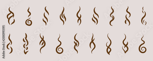Set of solid black icons representing abstract smoke or steam plumes, ideal for warmth and aroma concepts.