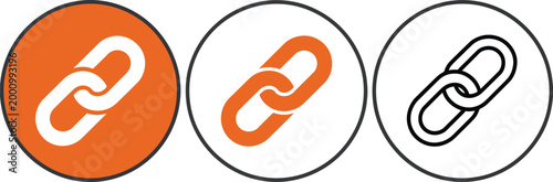 Link chain icon set, vector outline icons in orange style representing hyperlink connection URL networking and web interface design elements.