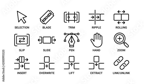 Icons of selection and editing tools arranged on white background