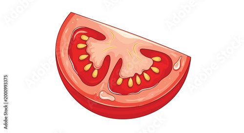 A vibrant red tomato wedge, showcasing its juicy flesh, small yellow seeds, and smooth skin, representing a fresh and essential ingredient for salads and cooking.