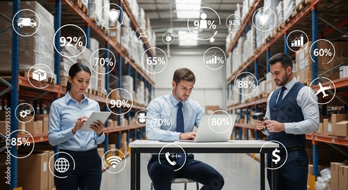 Business people analyzing warehouse data with digital overlays in a modern logistics facility