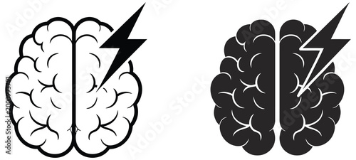 Brainstorming icon set, bold black brain and lightning symbol, teamwork success and purpose concept, collaboration and partnership idea, modern flat icon design