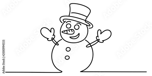Simple line art drawing of a happy snowman wearing a top hat and mittens Vector, illustration