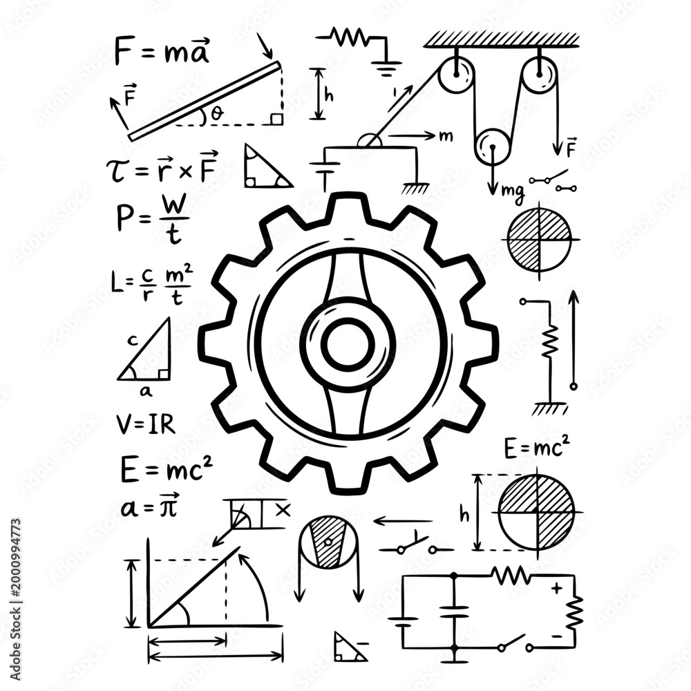 Obraz premium Physics formulas. Gear, electrical diagrams, and mathematical graphs. A black and white linear set of elements for themes of science, education, mechanics, physics, mathematics, and drafting.
