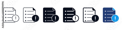 Document File Error and Alert Warning Icons : file document with exclamation mark, representing data errors, corrupted files, system alerts, and task notifications. line icon