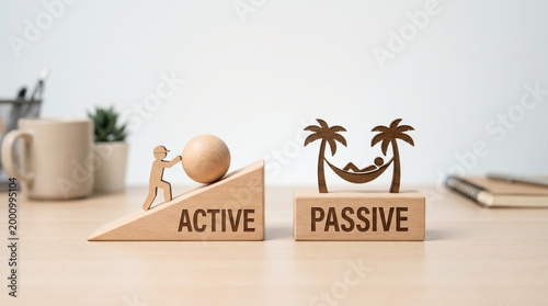 Wooden blocks marked active and passive with miniature palm figurines on a desk represent contrasting marketing segments and engagement styles.