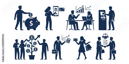 People and finance. Vector illustrations of people in various financial and banking activities. Concepts for graphic and web design, social media, business and marketing material.