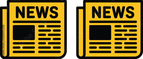 Newspaper icon set, yellow colored symbols representing news media journalism headlines information and press publication design elements.