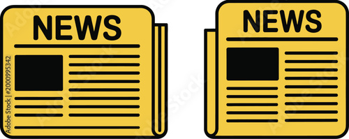 Newspaper icon set, flat yellow icons for news media journalism press headlines information delivery and editorial publication design elements.
