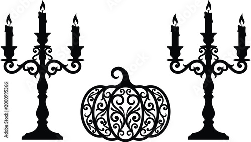Gothic Halloween Candelabra and Ornate Filigree Pumpkin Silhouettes