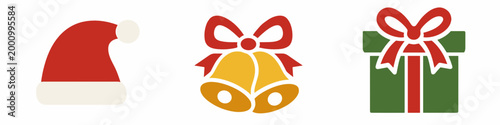 A compact Christmas icon trio featuring a Santa hat, golden bells, and a wrapped gift box on transparent background. Cheerful holiday design elements set.
