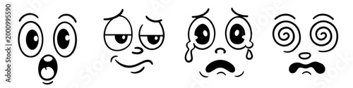 Four minimalist cartoon faces showing curiosity, sadness, dizziness, and calm on transparent background. Clean design for icons, apps, and sticker sets.