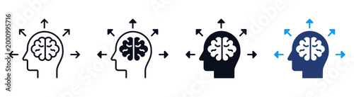 Human Brain Thinking and Mind Potential Icons : a human head with a brain and expanding arrows, representing decision making, creative thinking and mental growth, line icon