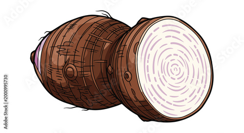 A rustic illustration of a whole taro root alongside a cross-section, revealing its textured brown skin and the pale, starchy interior with subtle purple rings, ready for cooking.