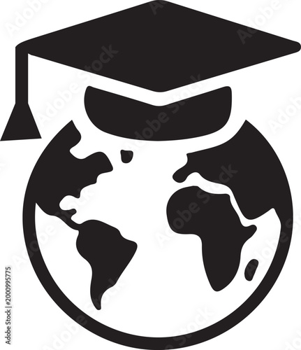 Solid Black Graduation Cap and World Globe Silhouette for International Schools, E-Learning, Academic Study Abroad