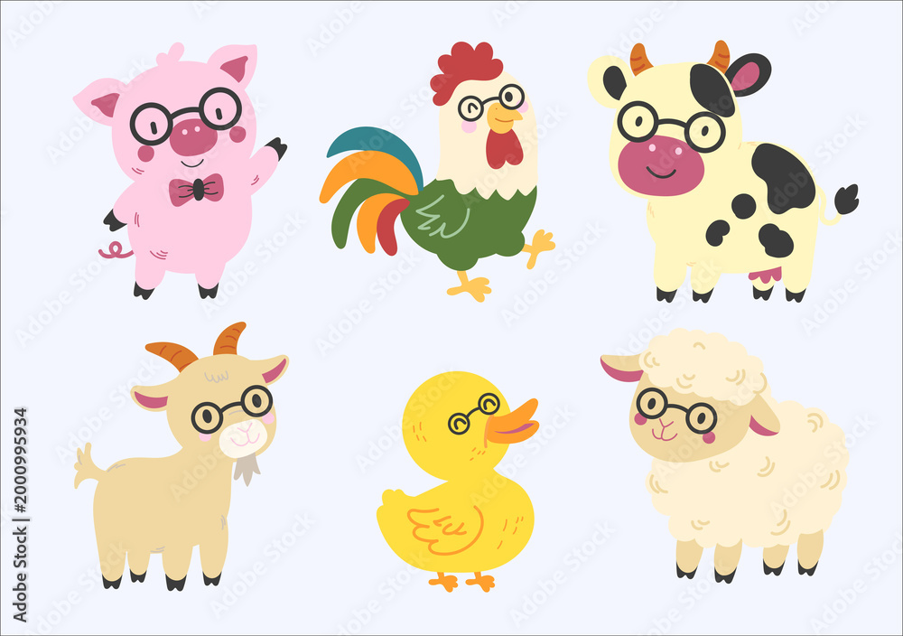 Naklejka premium Cute cartoon farm animals characters wearing glasses set